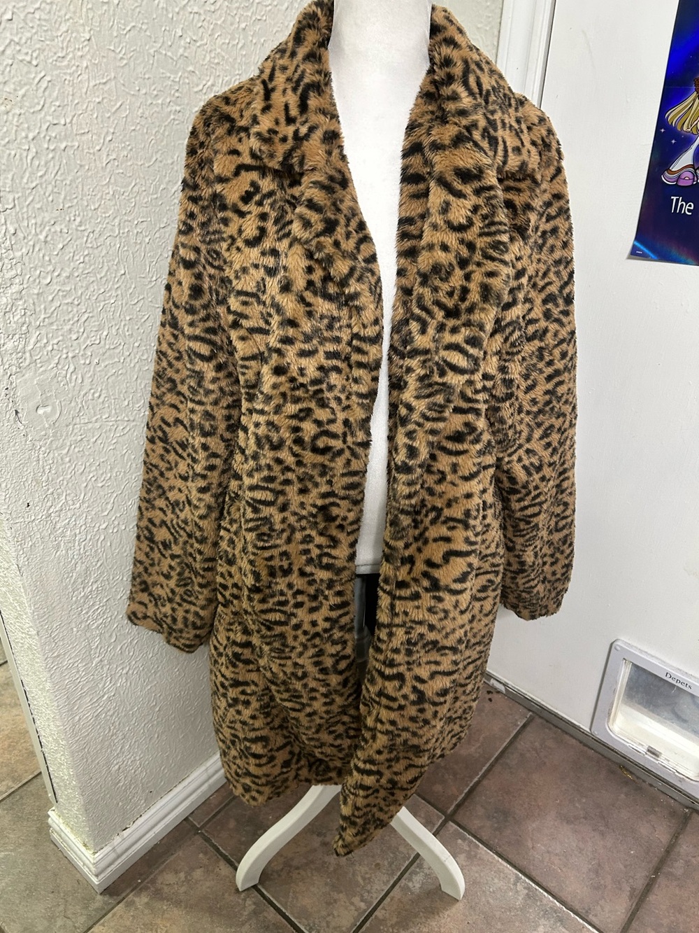 Leopard Print Faux Fur Coat - Tan/Black